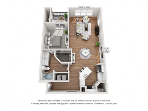 a stylized floor plan with a bedroom and a living room